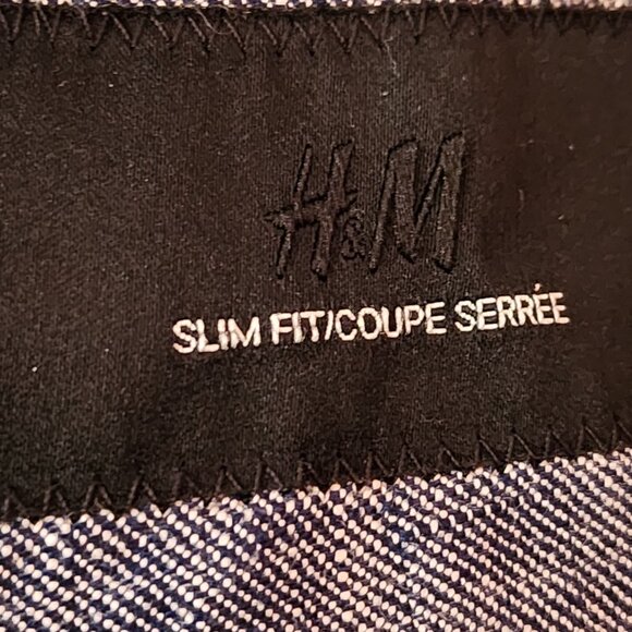 H&M Blue Chambray 100% Linen Elbow Patch Slim Fit Blazer - Picture 5 of 7